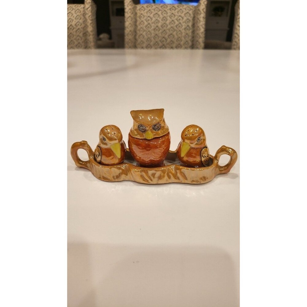 Lusterwear SALT,PEPPER,SUGAR W/SPOON &TRAY OWL SET VINTAGE JAPANESE TEA COFFEE